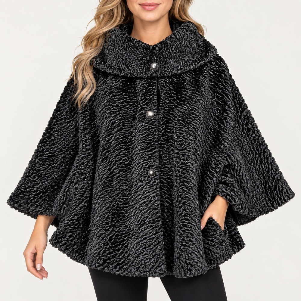 Bill Blass Black Faux Fur Textured Cape Wrap One Size Fits All Button Front